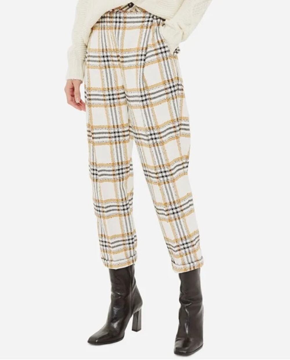 Topshop Plaid High Rise Cropped Trousers Womens Check 3 Button Tapered Pants, 2